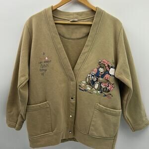 VINTAGE CARDIGAN SWEATER WOMEN SIZE MEDIUM MADE IN USA TAN SNAP BUTTON GRAPHICS